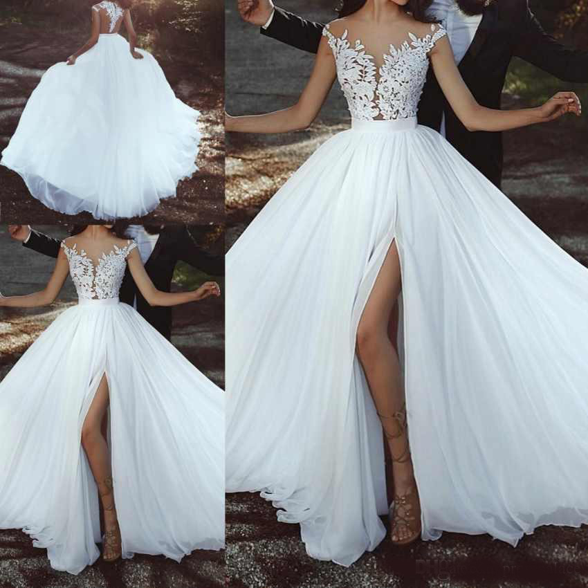 Vintage White Lace Wedding Dresses Illusion Back Sleeveless Bridal Gowns Sweep Train Custom Made Wedding Gowns
