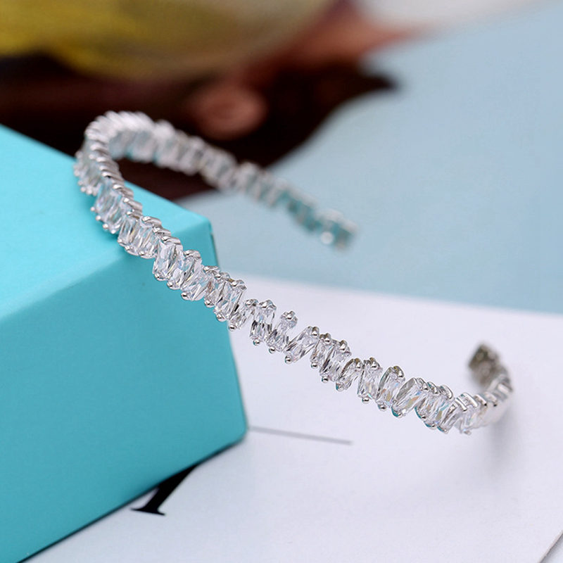Shiny Crystal Cubic Zircon Cuff Bangle Platinum Plated Bracelets Women Girl Gift Marriage Engagement Party Jewelry