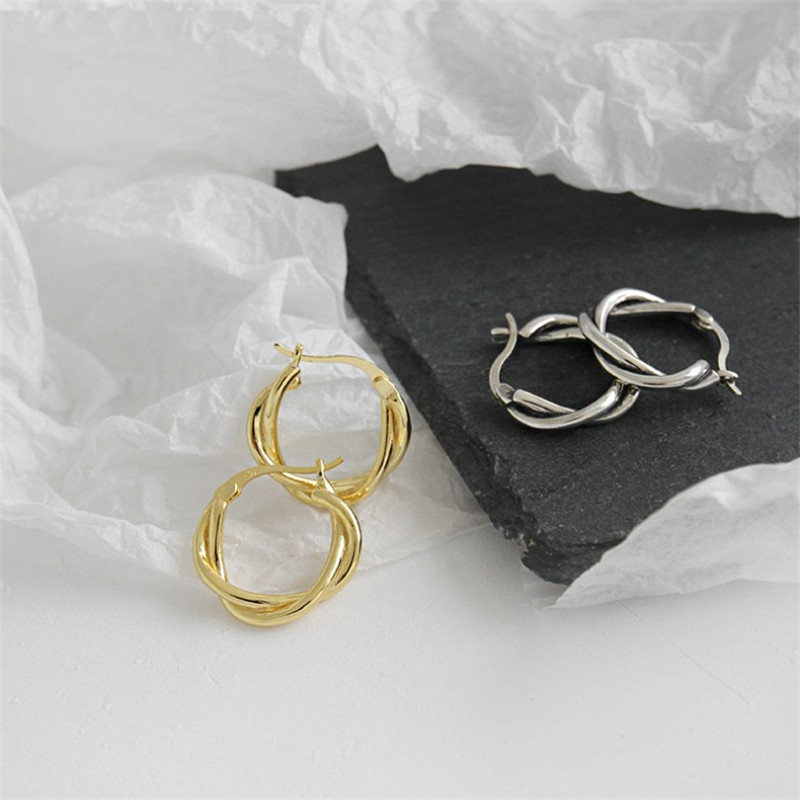 Authentic 925 Sterling Silver Hoop Earrings For Women Vintage Retro Braided Twisted Big Geometric Circle Earring