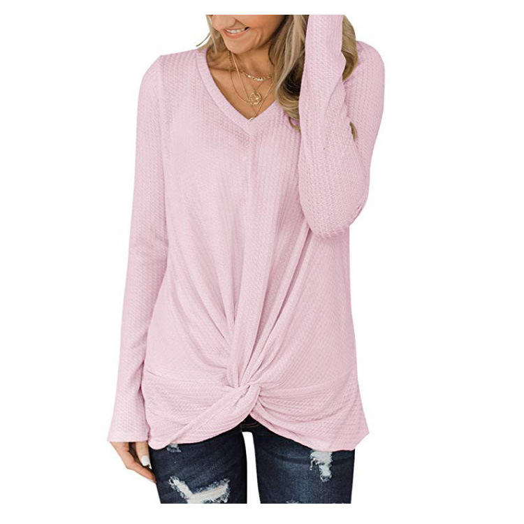 Spot 2021 European spring and summer solid color V-neck long sleeve waffle twisted T-shirt shirt sweater support mixed batch