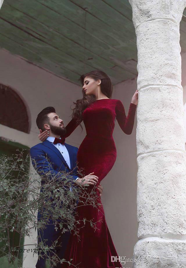 2019 New Burgundy Dubai Long Sleeves Prom Dress Cheap Velvet Arabic Formal Holidays Wear Graduation Evening Party Gown Custom Made Plus Size