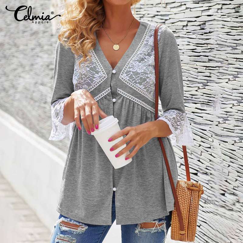 Vintage Women Blouses Lace Tunic Tops Celmia 2020 Summer Flare Sleeve Casual Buttons Work Shirts Sexy V neck Party Blusas Mujer, Black
Vintage Women Blouses Lace Tunic Tops Celmia 2020 Summer Flare Sleeve Casual Buttons Work Shirts Sexy V neck Party Blusas Mujer, Black