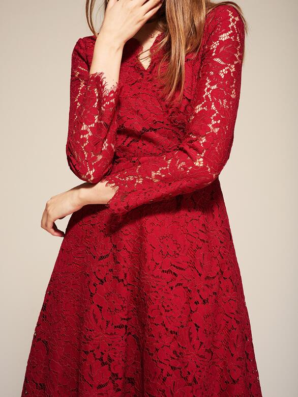 Sexy Dark Red Lace Cocktail Dress Three Quarter Sleeves Zipper Back Lace Party Dress