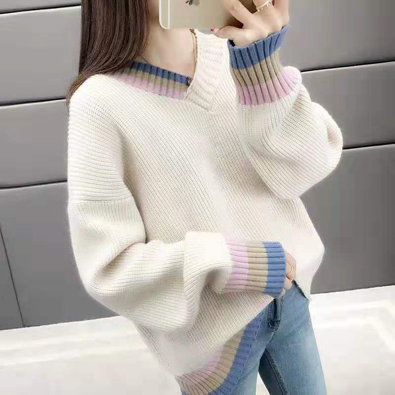 Autumn Winter Women Loose Sweaters Ladies Girls V-neck Long-sleeve Knitted Sweater Female Patchwork Pullover Tops 2020
Autumn Winter Women Loose Sweaters Ladies Girls V-neck Long-sleeve Knitted Sweater Female Patchwork Pullover Tops 2020