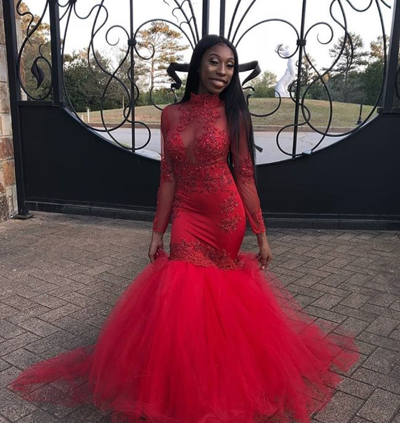 Red Mermaid Prom Dresses For Black Girls Sexy Through High Neck Long Sleeves Lace Appliques Evening Gowns DP0060, Water melon
Red Mermaid Prom Dresses For Black Girls Sexy Through High Neck Long Sleeves Lace Appliques Evening Gowns DP0060, Water melon