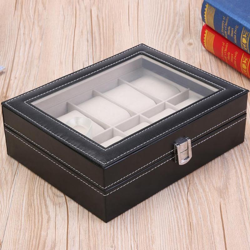 10 Cell Grids Fashion PU Leather Watch Boxes Storage Organizer Box Jewelry Ring Display Watch Case Black Display Clock Bo