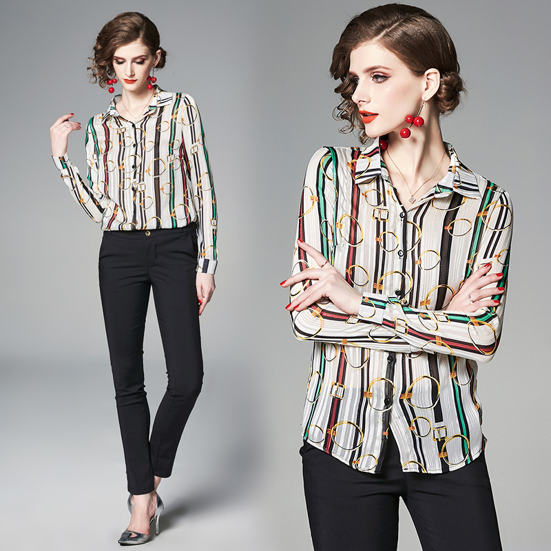 2019 Spring Summer Runway Fashion Gold Striped Print OL Womens Ladies Casual Office Button Front Lapel Neck Long Sleeve Blouses Shirts Top, Customize
2019 Spring Summer Runway Fashion Gold Striped Print OL Womens Ladies Casual Office Button Front Lapel Neck Long Sleeve Blouses Shirts Top, Customize