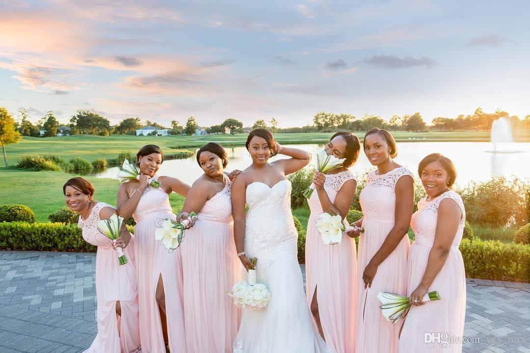 Mixed Styles Country Style African Black Girls Pink Bridesmaid Dresses Illusion Lace Applique Chiffon Maid Of Honor Wedding Guest Dress