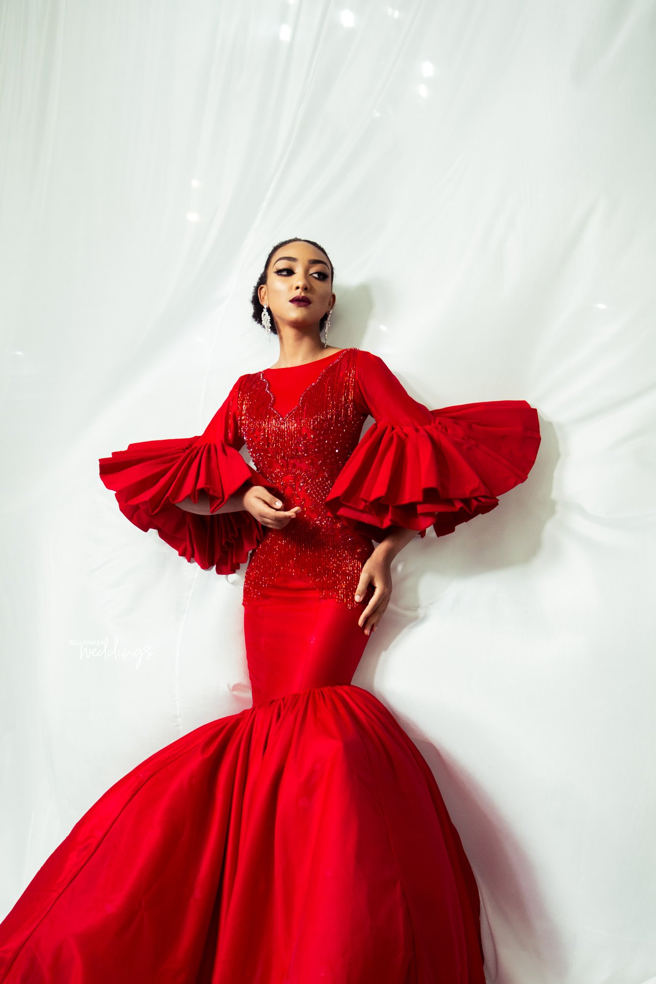 Elegant Mermaid Prom Dresses 2020 Puffy Sleeves Red Formal Evening Gowns Beaded Floor Length Pageant Party Dress Plus Size