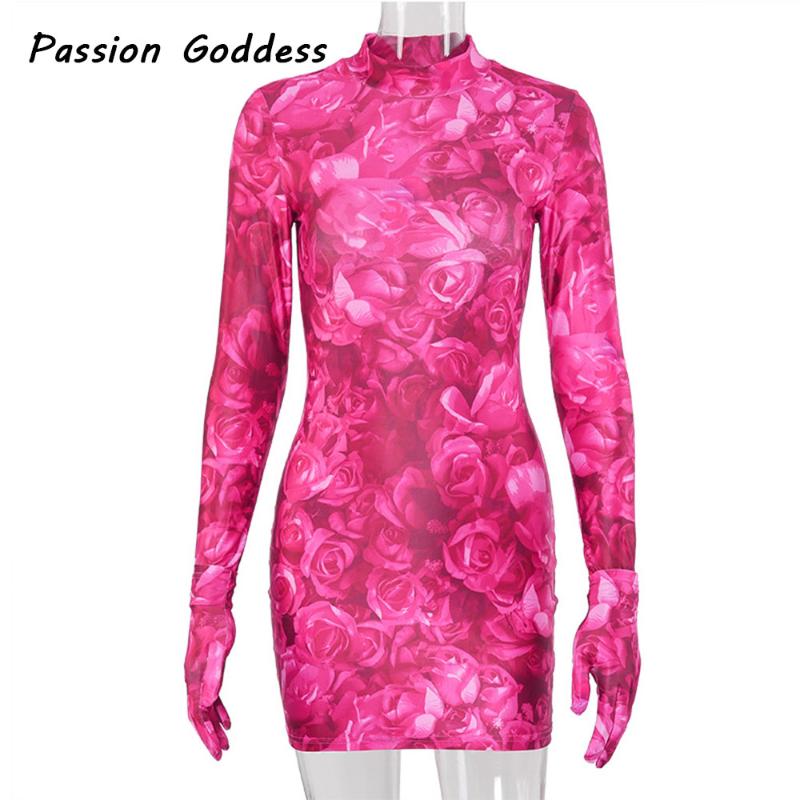 Rose Flower Tie Dye Bodycon Dress with Gloves Street Women Long Sleeve Mini Dress Elastic Hight Party Gloves Mujer
