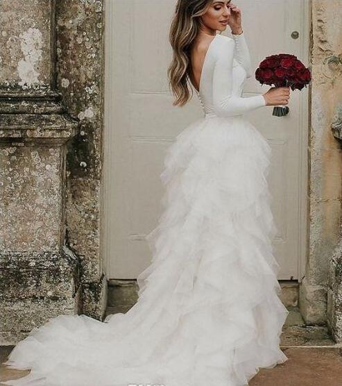 Romantic cascading Ruffles Organza Wedding Dresses Jewel Neck Long Sleeves Wedding Gowns Buttons Sexy Backless Bridal Dresses Cheap