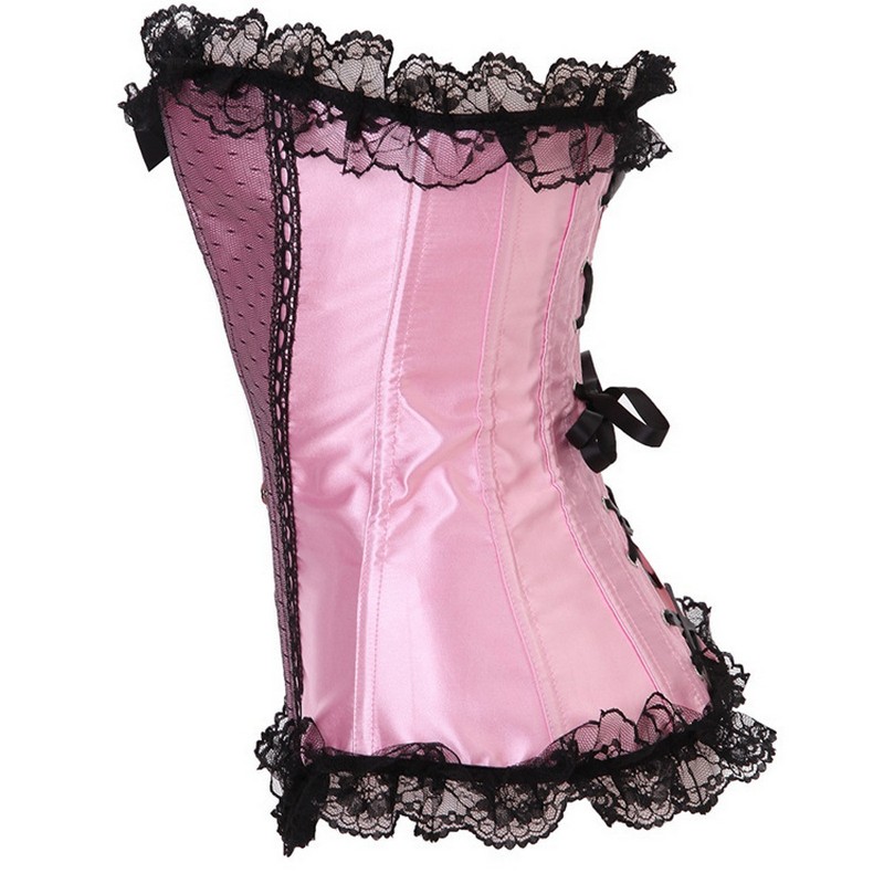 Lace Ruffle Trim Overbust Corset Top Women Fashion Satin Plastic Boned Corselet Plus Size S-6XL Sexy Lace-up Corset with Bows / Dots