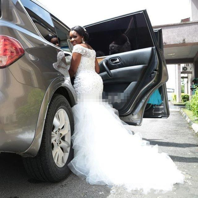 African Nigeria Organza Mermaid Wedding Dresses Off Shoulder Crystal Beaded Tiered Ruffles Court Train Plus Size Wedding Bridal Gowns