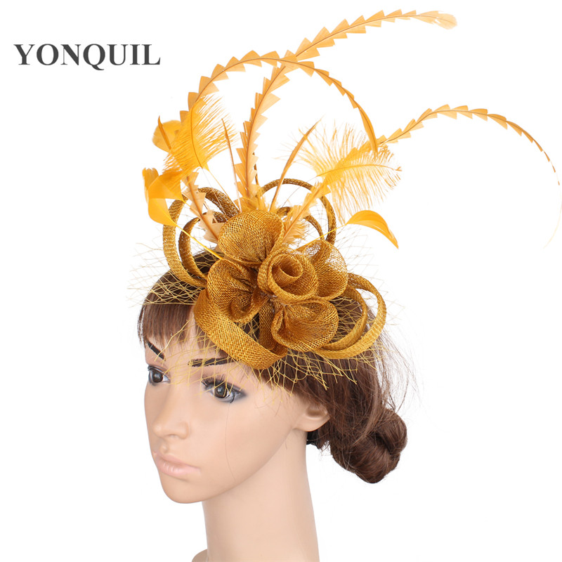 Vintage Gold sinamay base fascinator headwear occasion red bridal veils hair accessories feather millinery cocktail hat MYQ010