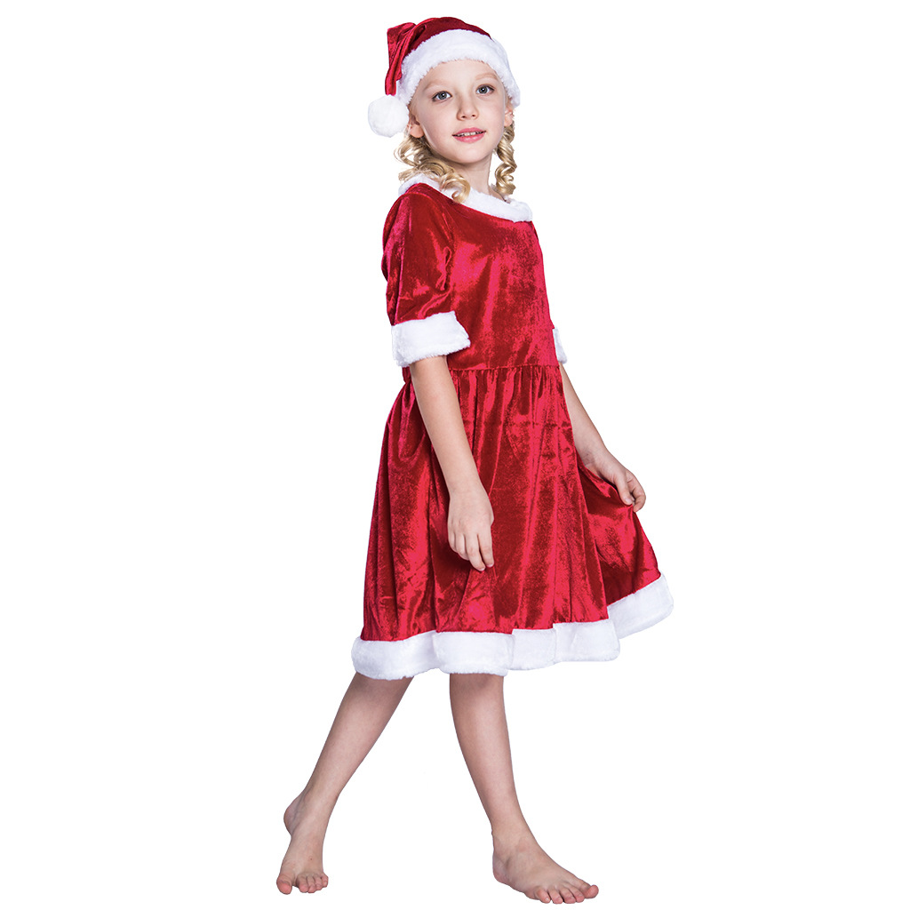 Little Santa Claus Half Sleeve Red Swing Dress And Hat Set Children Christmas Costume Outfit For Girls Velvet Loose Christmas Clothing S M L