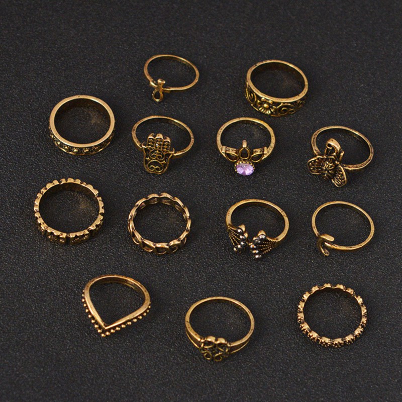 bohemian retro crown gem big palm elephant 13 piece set ring womens crystal joint ring set punk gift