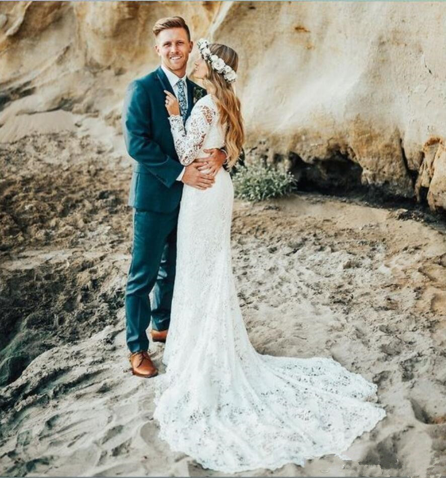Beach Full Lace Dresses Long Sleeves Boho Plus Size Sweep Train Bohemian Wedding Dress Country Bridal Gowns Vestidos De Novia 155 0510