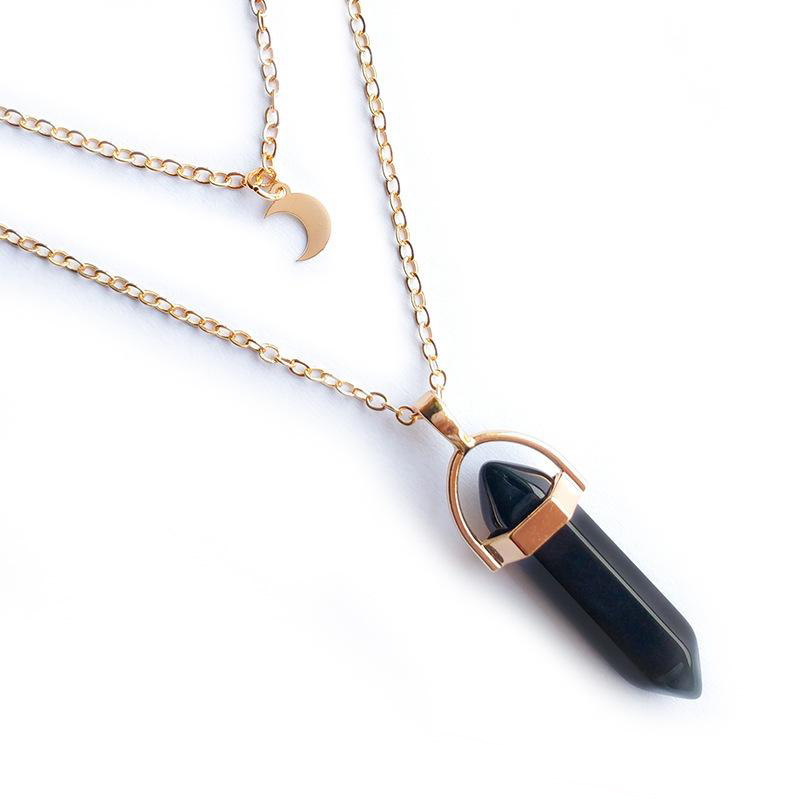 Fashion Natural stone Moon Pendant layered necklace crystal quartz Bullet Hexagonal prism Point Healing charm Gold chains For women Jewelry
