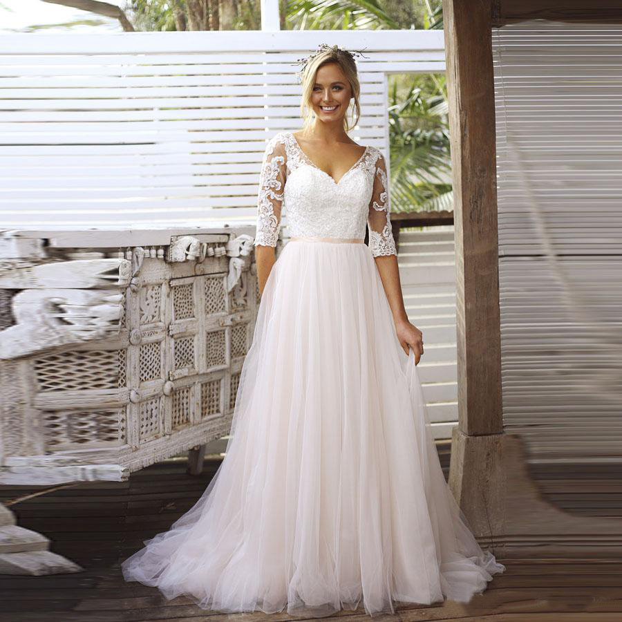 Half Sleeves Bridal Dress V Neck Lace Tulle Skirt Backless Wedding Dresses Vestido de Novia 2020 Wedding Gowns