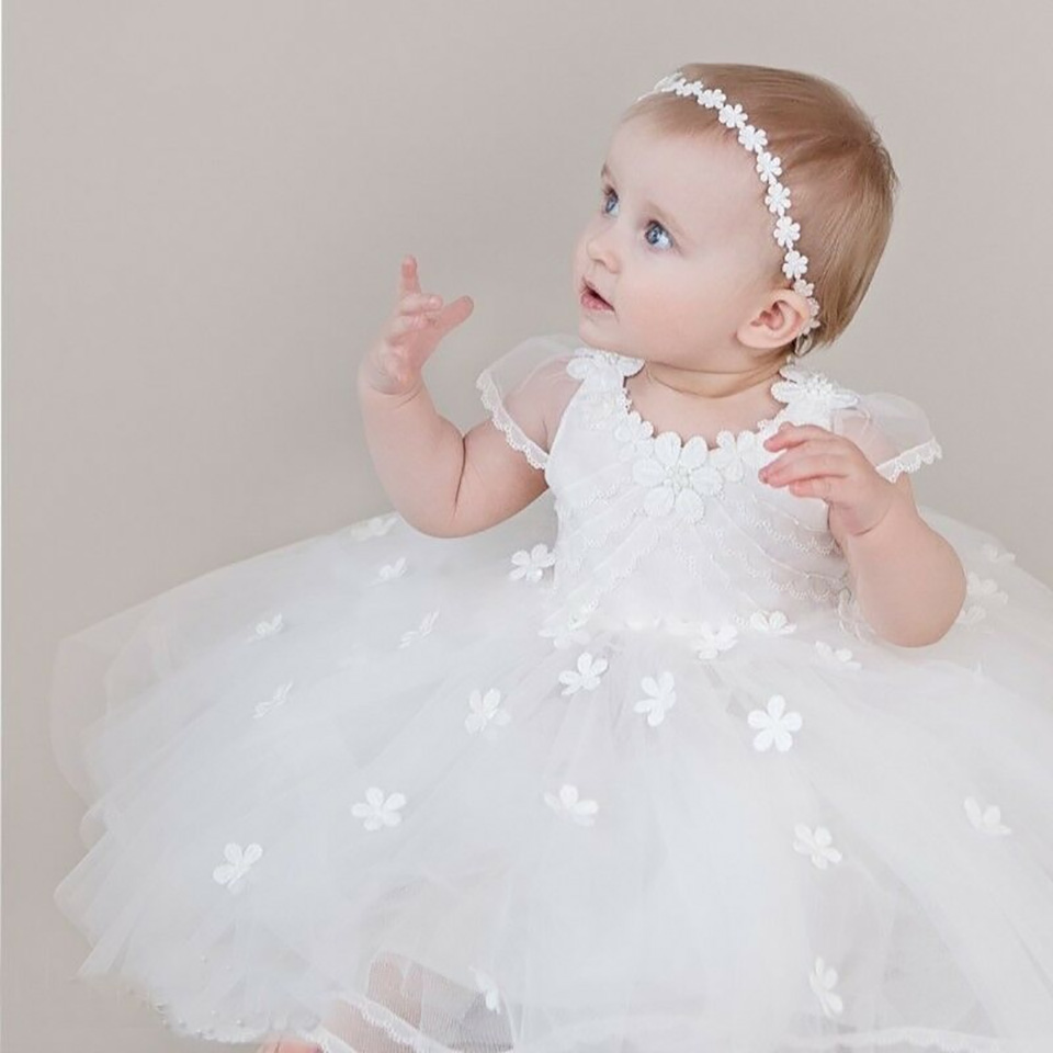 White Lace Christening Dress For Baby Girl First Birthday Outfit Girl Kids Wedding Party Dress Baptism Baby Girl Applique Dress
