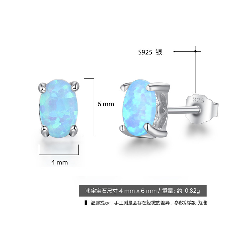 100% 925 Sterling Silver Stud Earrings New Fashion 4mm Oval Blue Fire Opal Earrings Fine Jewelry For Women