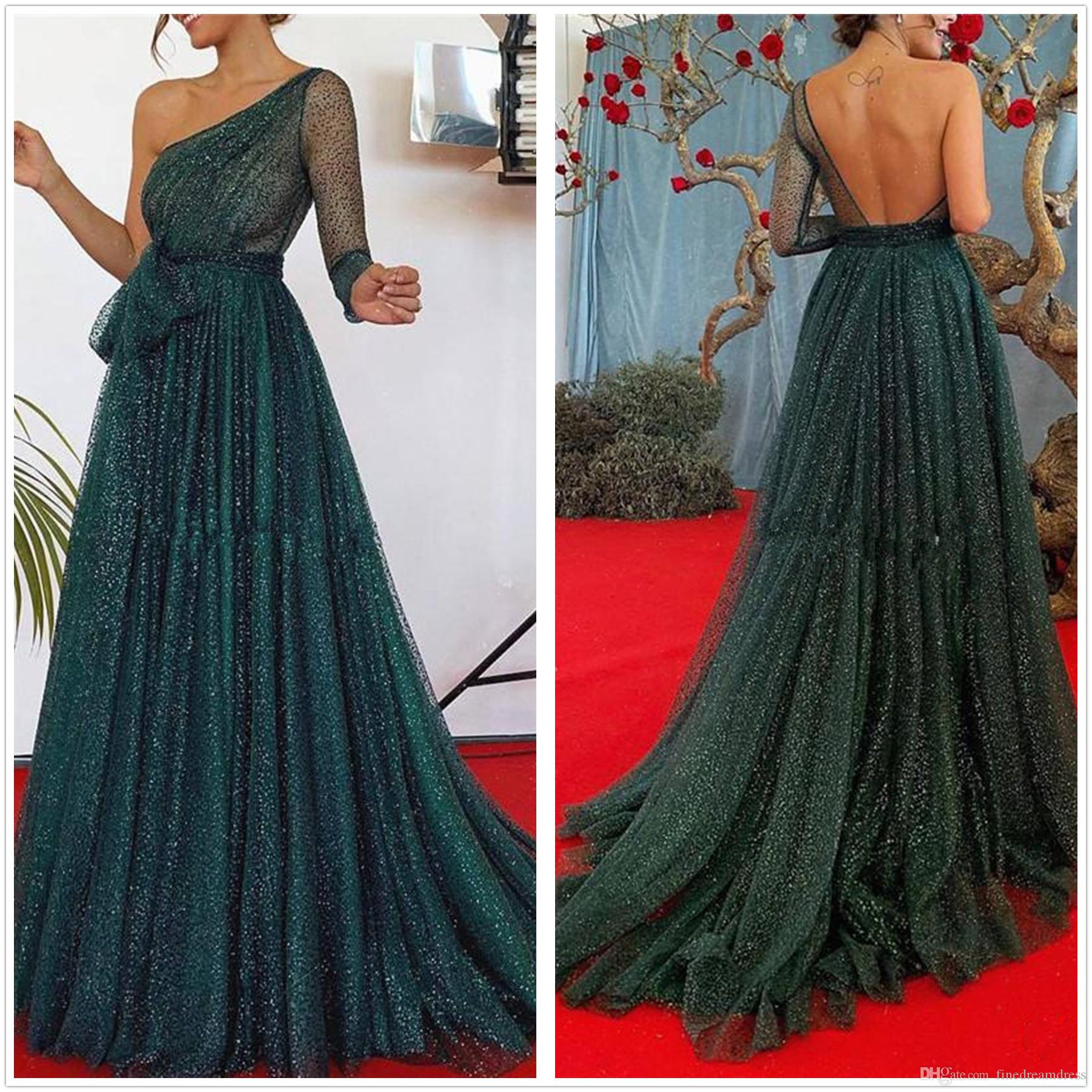 Shiny Arabic Dubai Long Sleeves Dresses One Shoulder Backless Floor Length Sexy Prom Party Red Carpet Celebrity Gowns Vestido De Festa