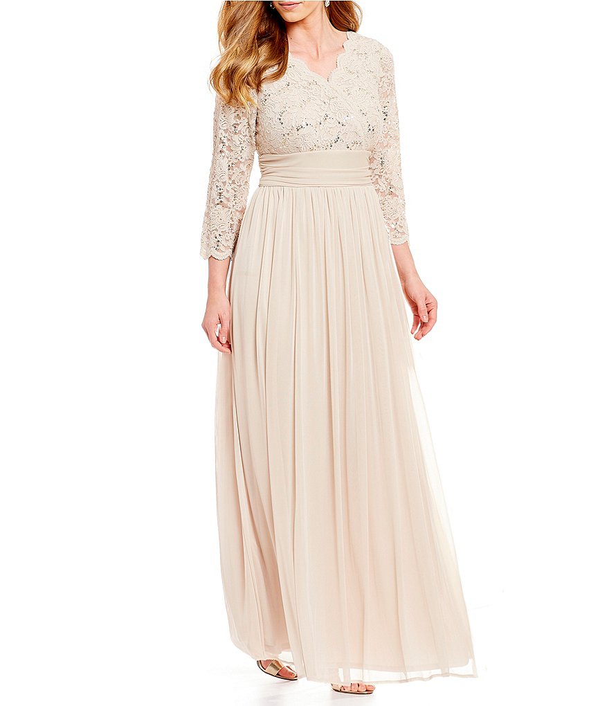 Plus Size Mother Of The Bride Dresses V Neck Long Sleeves Floor Length Lace Sequins Chiffon Wedding Guest Dress For Mom Evening Gowns