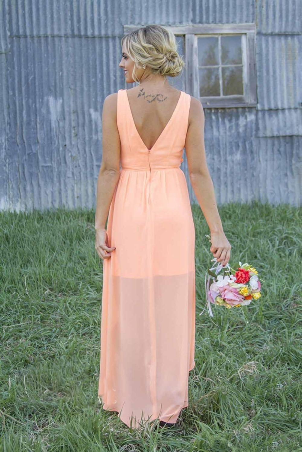 2020 New Cheap Country Bridesmaid Dresses Bateau Backless High Low Chiffon Coral Mint Green Beach Maid Of Honor Dress For Wedding Party Prom