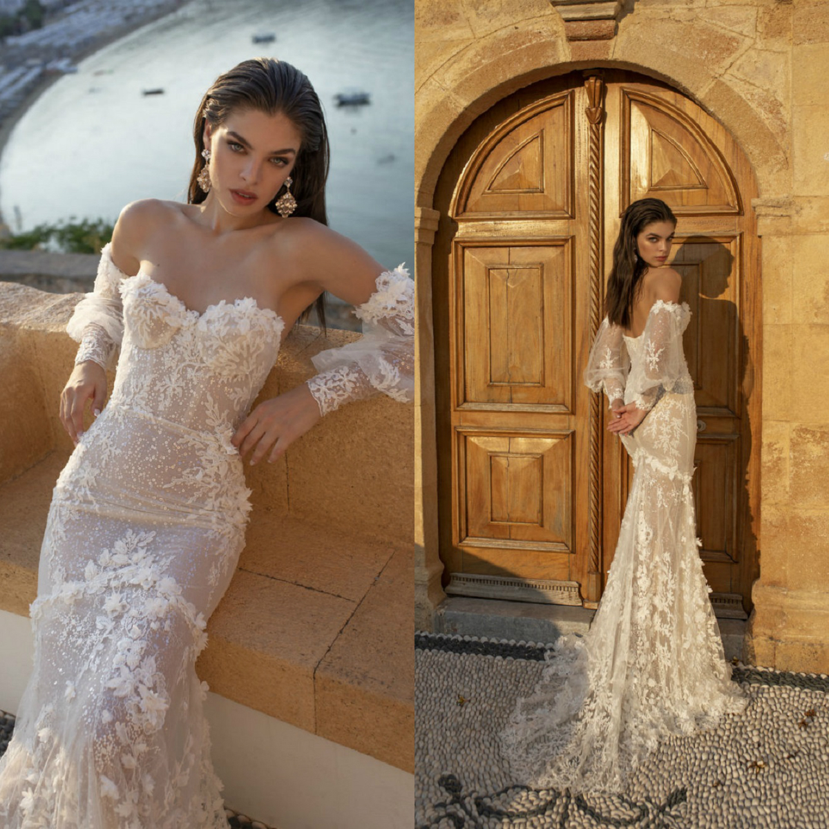 lian rokman mermaid wedding dresses with detachable long sleeve appliqued lace bridal gowns sweep train modest robe de marie
