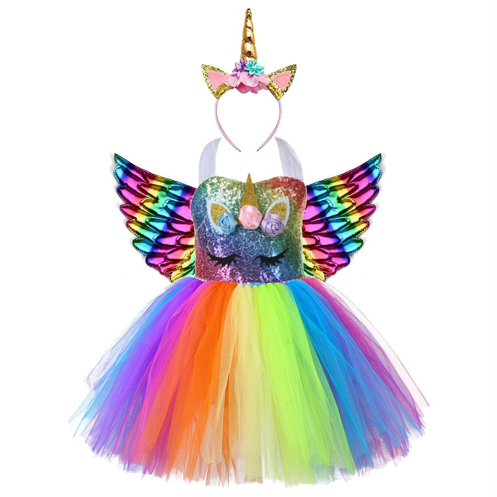 Cute Kids Unicorn Theme Birthday Party Unicorn Dress Flower Girl Rainbow Sequin Top Christmas Dress for Baby Girls Unicorn Baby Clothes