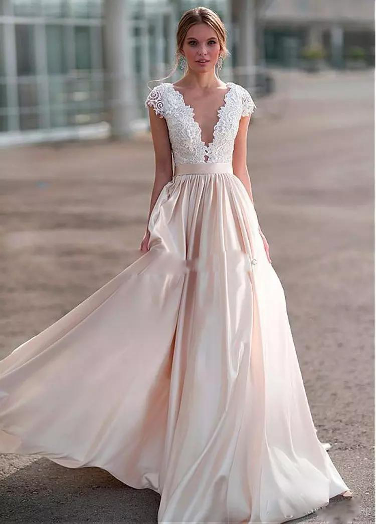 2020 A Line Wedding Gowns Sashes Short Sleeve Button Plus Size Wedding Dresses Sweep Train Tulle Lace Satin Applique Bridal Gowns