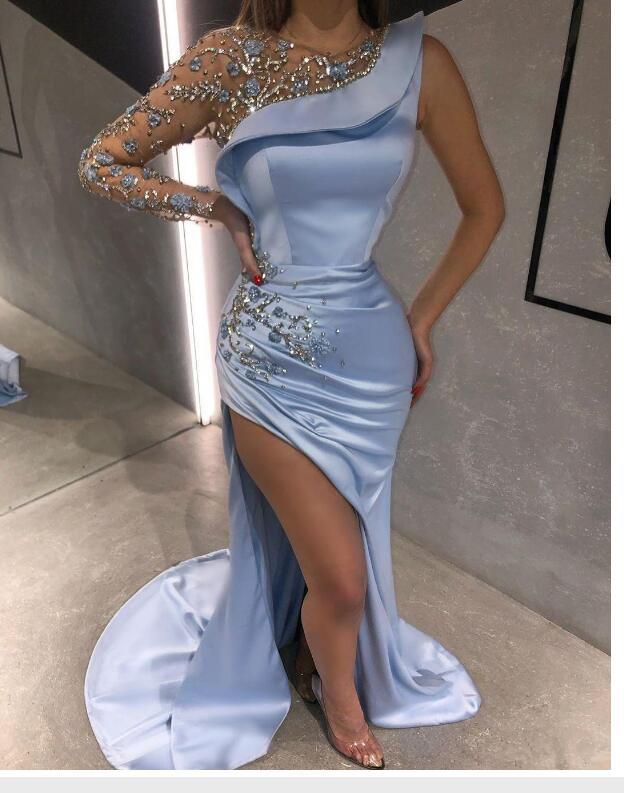 beading light sky blue mermaid prom dresses crystal long sleeve side split evening dresses formal gowns