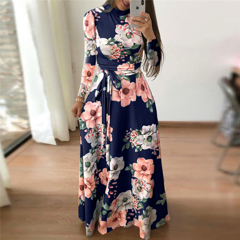 Women Long Dress Floral Print Beach Maxi Dress Casual Long Sleeve Turtleneck Bandage Elegant Long Party Dress Vestidos Plus Size Y19012102