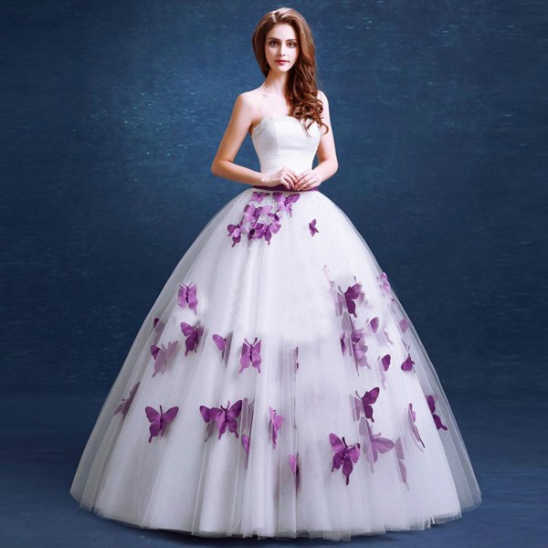 Spring 2020 Beautiful Purple and White Wedding Dresses Strapless Beaded Neckline Lace-up Back Butterfly Shape Appliqued Bridal Gowns Latest