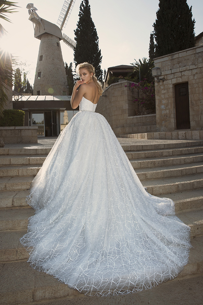 Dany Mizrachi A Line Wedding Dresses Sweetheart Strapless Lace Sequined Bridal Gowns with Detachable Train Stunning Tulle Wedding Dress