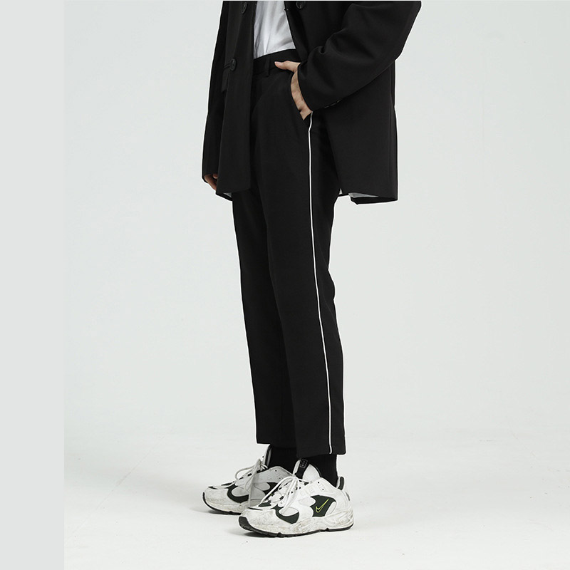 Men Casual Ankle Length Slim Fit Half Elastic Waist Suit Pant Male Japan Korea Style Streetwear Fashion Side Stripe Pants, 2360 
Men Casual Ankle Length Slim Fit Half Elastic Waist Suit Pant Male Japan Korea Style Streetwear Fashion Side Stripe Pants, 2360