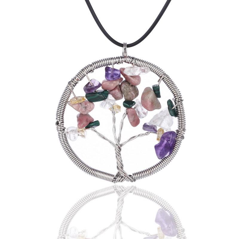 7 Chakra Tree Of Life necklaces Rainbow Natural Stone Quartz druzy Wisdom Tree pendant Black Rope String chains For women Jewelry Gift