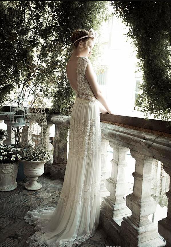 Vintage lihi hod Wedding Dresses Sheer Deep V Neck Backless Bohemia Lace Applique 2019 Wedding Gowns Chiffon Court Train Long Bridal Dress
