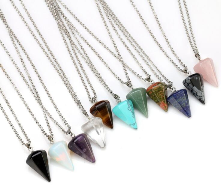 Natural Gemstone Pendant Necklace Crystal Healing Chakra Reiki Silver Stone Hexagonal Prisme Cone Pendulum Charm Necklaces GB1465