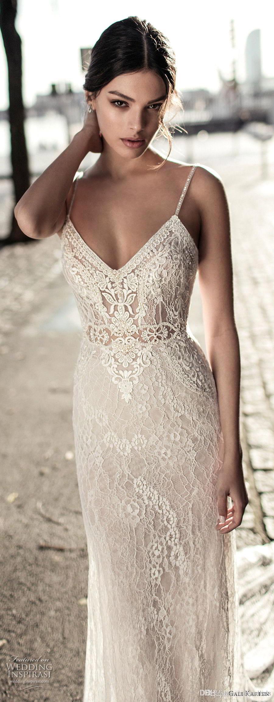 White Sexy Elegant Gali Karten Sheath Full Lace Wedding Dresses Spaghetti Straps Open Back Sheer Bridal Gowns Court Train Vestidos De Soiree
