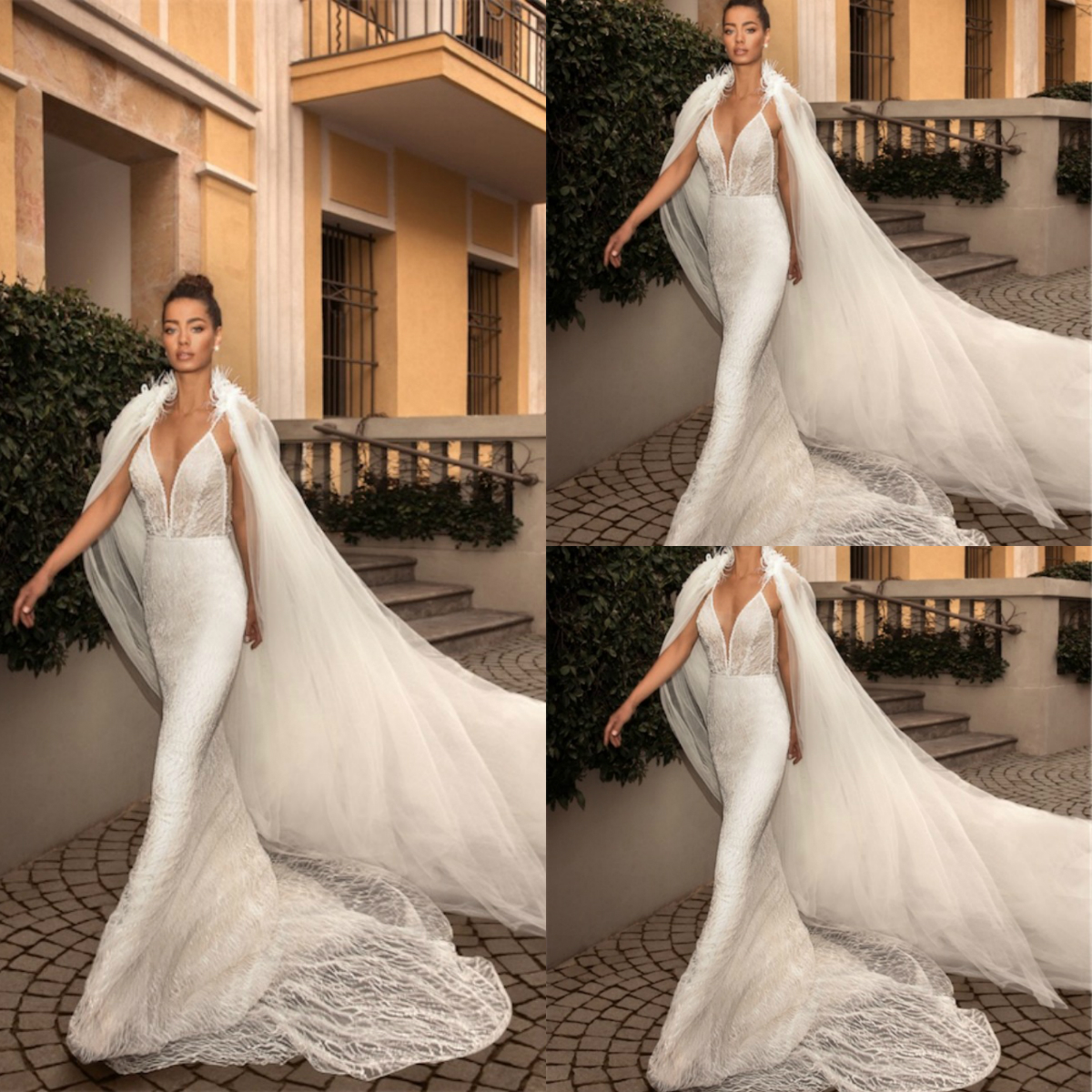 Elihav Sasson 2019 Mermaid Wedding Dresses With Cape Feather Lace Appliqued Sweep Train Spaghetti V Neck Trumpat Plus Size Bridal Gowns