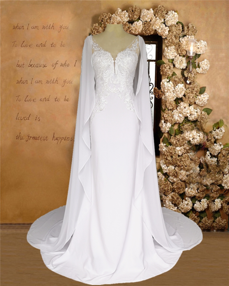 2020 Modern Applques Mermaid Wedding Dress with Cape Chiffon Wrap Sparkly Lace Trumpet Chic Bridal Gowns vestido de noiva Custom Made