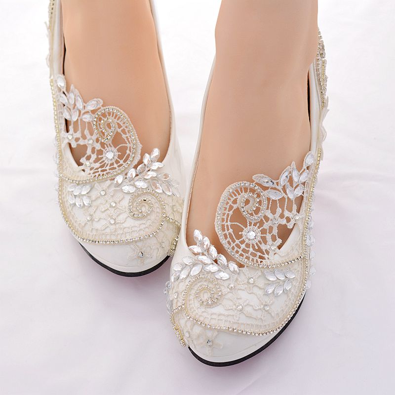 Hot Sale-ng Shoes Woman Pumps 8Cm High Heels White Low Heels Party Bridal Shoes Pump Ladies