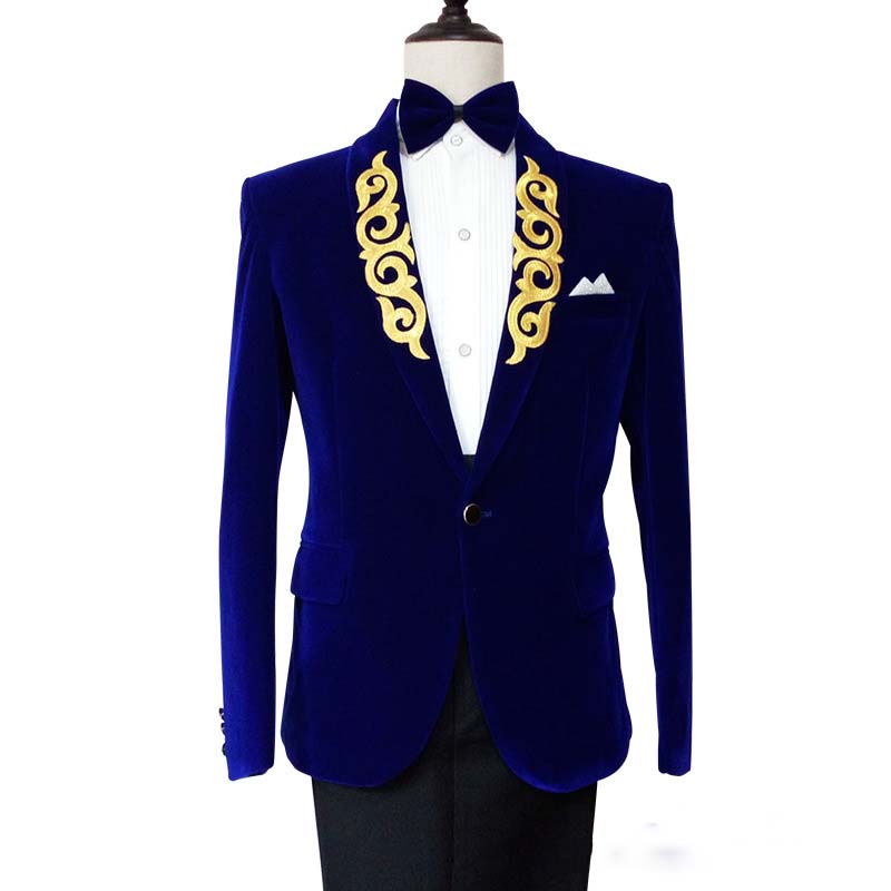 2019 Embroidery Velvet Mens Designer Jackets Shawl Lapel Black Burgundy Blue Groom Tuxedos Men Suits In Stock