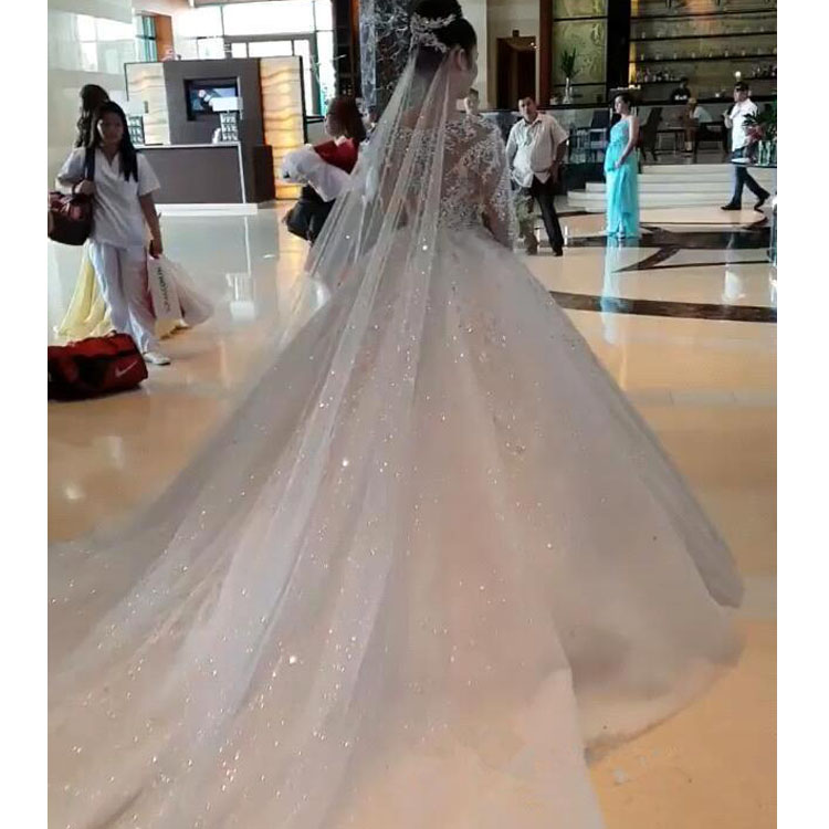 Sparkly Long Sleeves Ball Gown Wedding Dresses Puffy Bling Bling Long Slong Sleeve Sheer Jewel Neck Appliques Sequins Beads Bridal Gowns