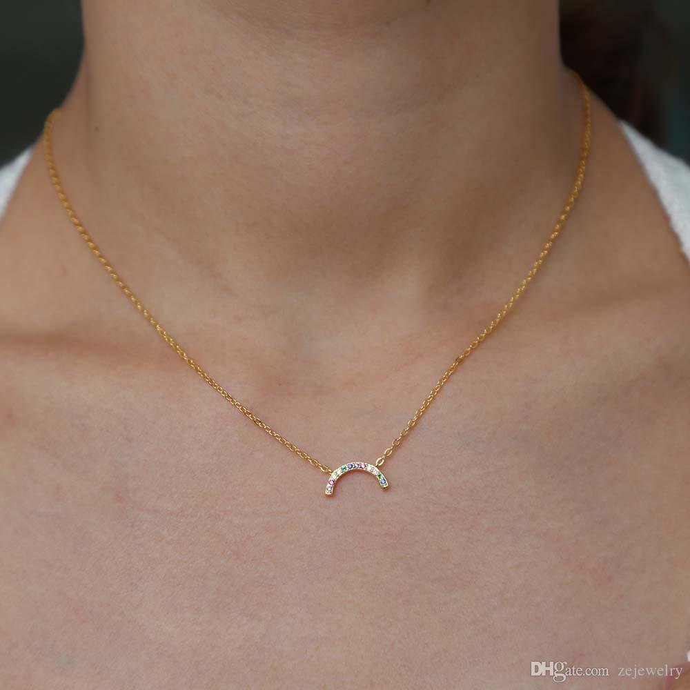 real 925 sterlilng silver rainbow crescent moon jewelry multi cz colorful cz pave lovely girl gift minimal valentine necklace