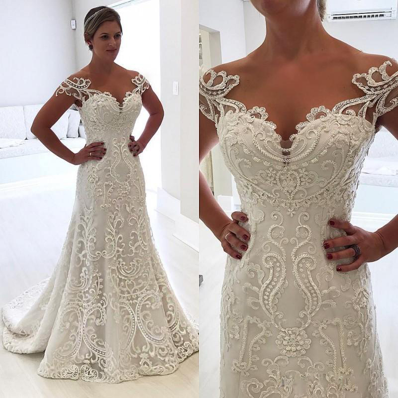 Wholesale White Off the Shoulder Mermaid Wedding Dresses Lace Appliques Beading Garden Wedding Gown Satin Sweep Train Country Bridal Dress