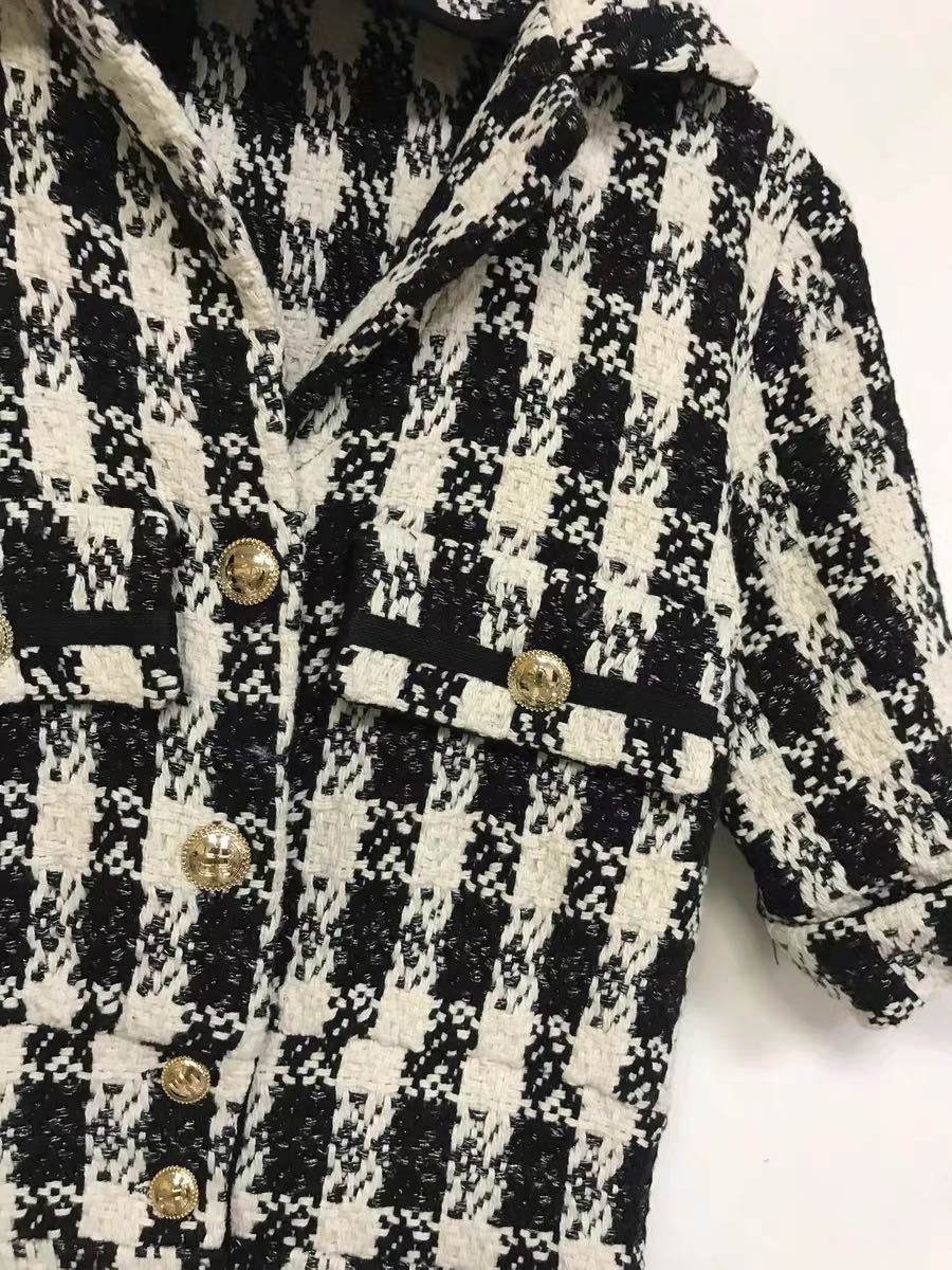 2020 Spring Summer Short Sleeve Notched-Lapel White Black Plaid Print Tweed Buttons Short Mini Dress Women Fashion Dresses W1815062
