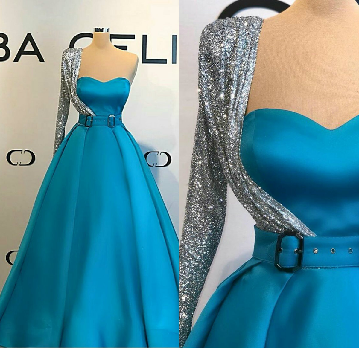 2020 Blue Evening Dresses With Jacket Sweetheart A Line Floor Length Bling Glit…