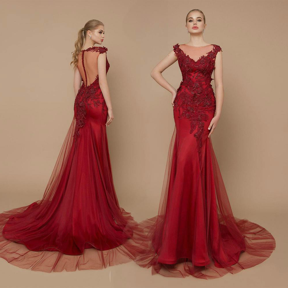 Riccasposa Red Evening Dresses Sheer Jewel Neck Sleeveless Lace Appliques Prom Gowns Sweep Train Mermaid Formal Party Gowns